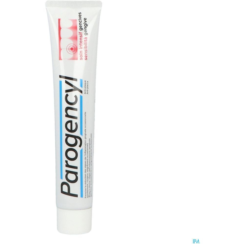 Tube de dentifrice. Inscription: Parogencyl, soin intensif gencives. Blanc, rouge et bleu.