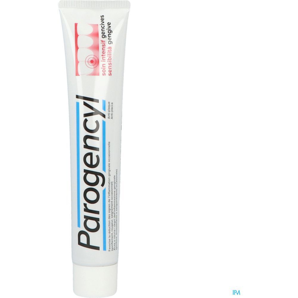 Tube de dentifrice. Inscription: Parogencyl, soin intensif gencives. Blanc, rouge et bleu.