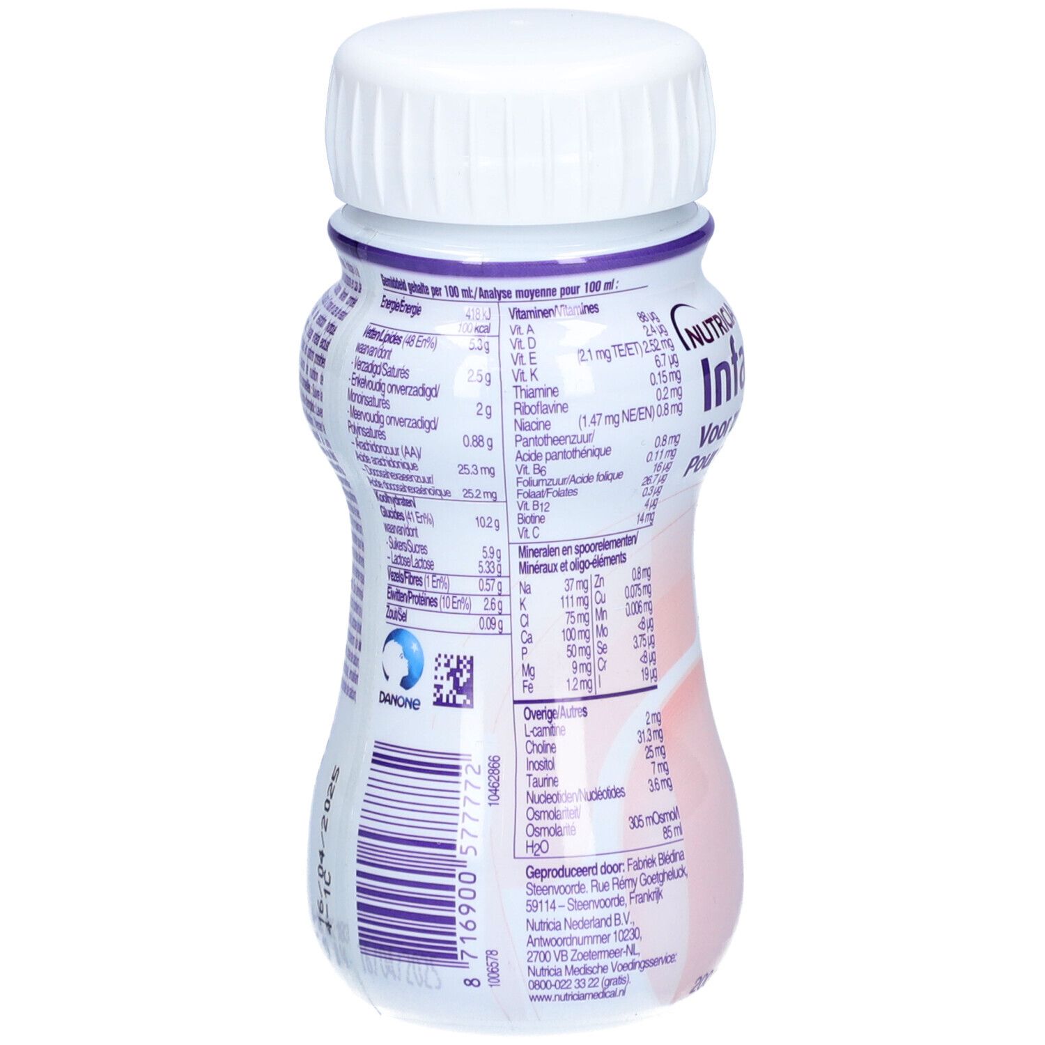 Bouteille Infatrini, dos. Contient du texte, des informations nutritionnelles et un logo. Bouchon blanc. Texte violet.