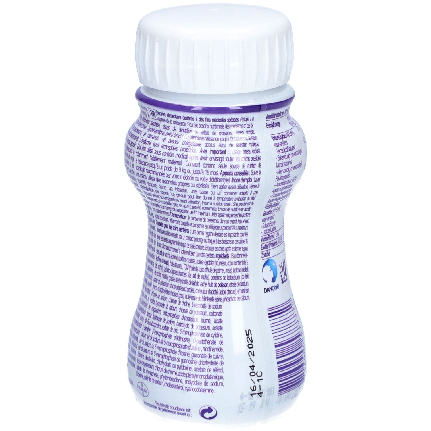 Bouteille Infatrini, dos. Contient du texte, des informations nutritionnelles et un logo. Bouchon blanc. Texte violet.