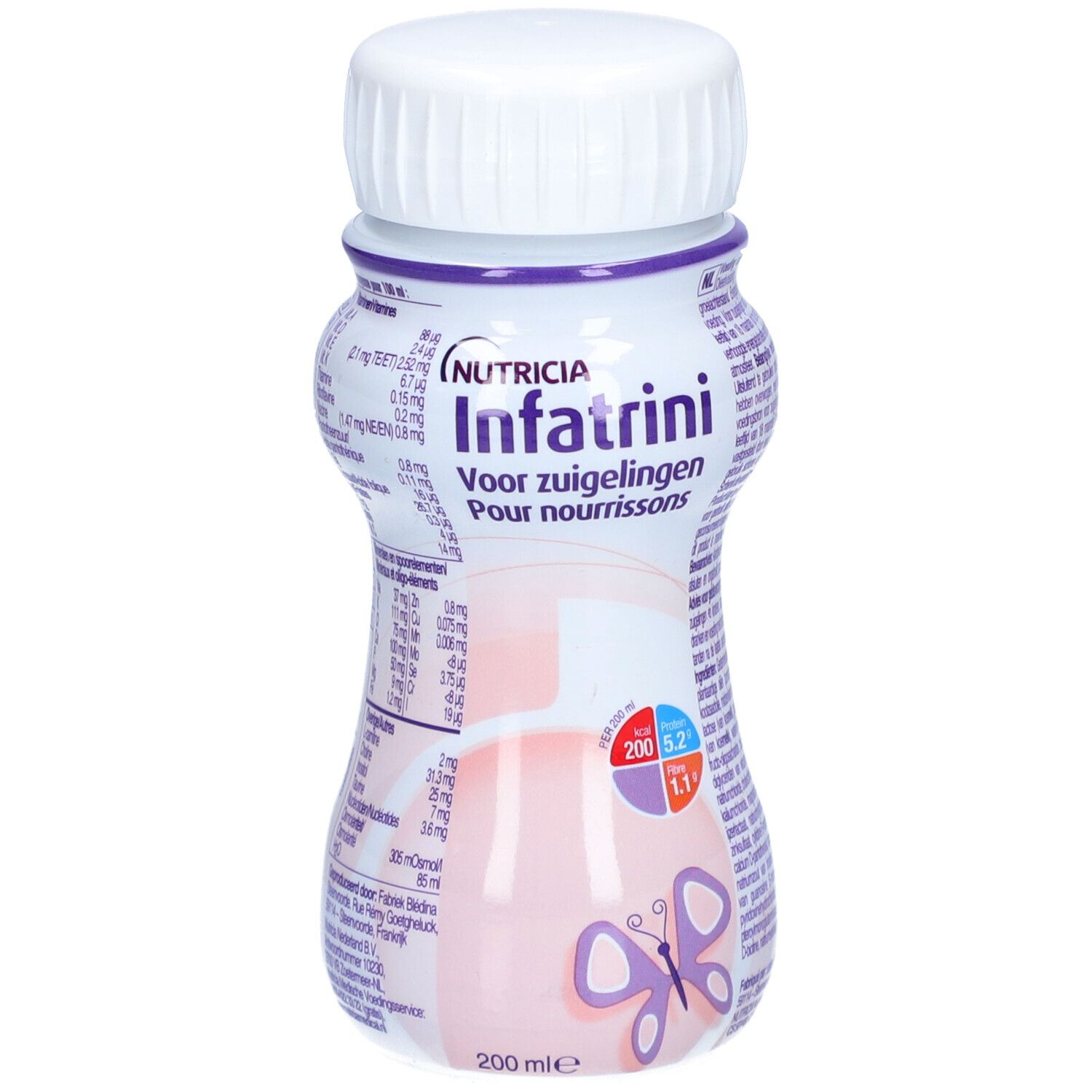 Bouteille Infatrini avec bouchon blanc. Texte violet et logo papillon. Contient des informations nutritionnelles. 200 ml.