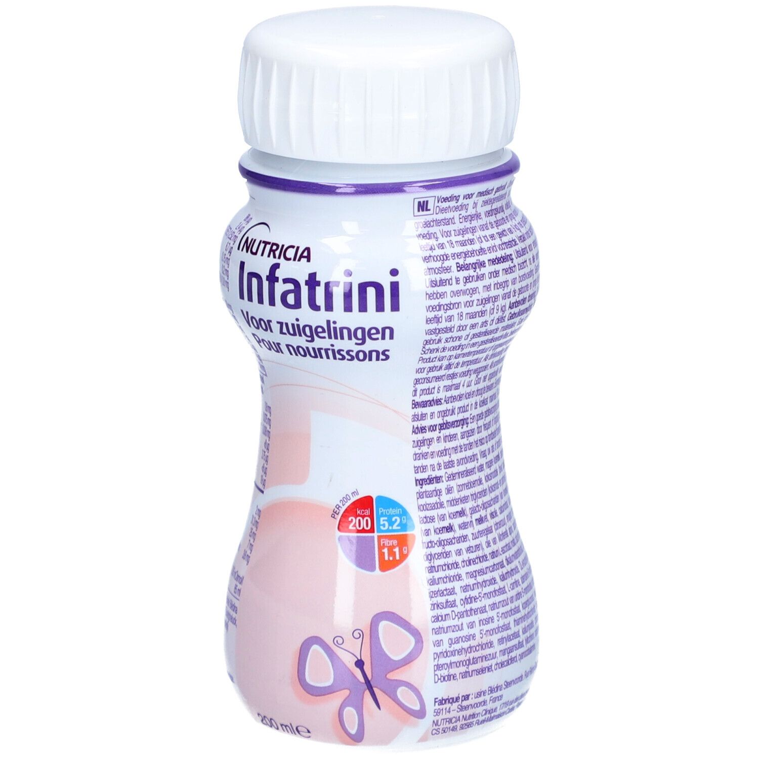 Bouteille Infatrini avec bouchon blanc. Texte violet et logo papillon. Contient des informations nutritionnelles. 200 ml.