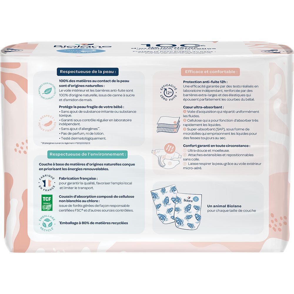 Dos du paquet de couches Biolane. Informations sur les matériaux, les caractéristiques et les certifications.