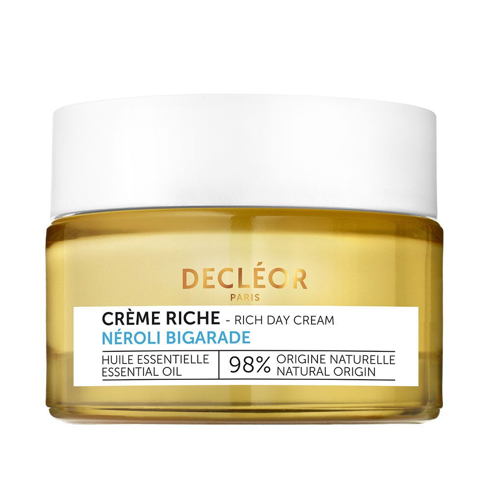 Pot de crème avec couvercle blanc. Inscription : Decléor Paris, Crème Riche, NÉROLI BIGARADE, 98% Origine Naturelle.