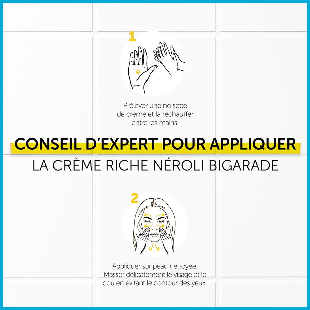 Conseils d'application de la crème. Frotter les mains, appliquer la crème, masser le visage et le cou.