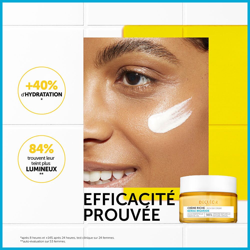 Visage avec crème. Inscription : +40% Hydratation, 84% teint plus lumineux. Pot de crème.