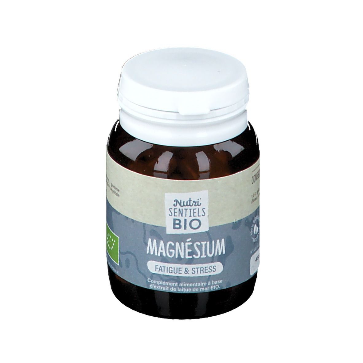 Flacon brun, bouchon blanc. Inscription: Nutrisanté BIO Magnésium, Fatigue & Stress. Avec label bio.