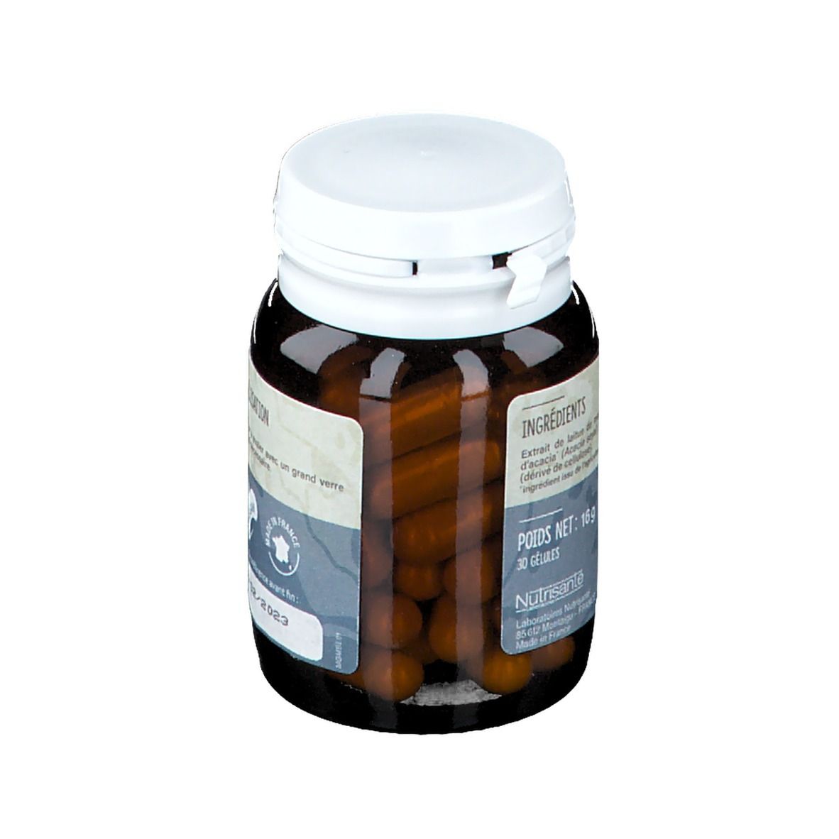 Flacon brun, bouchon blanc. Gélules visibles. Avec label origine France.