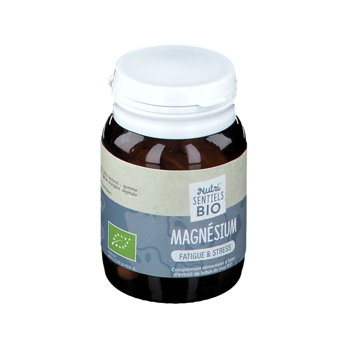 Flacon brun, bouchon blanc. Inscription: Nutri Sentiels BIO Magnésium, Fatigue & Stress. Avec label bio.