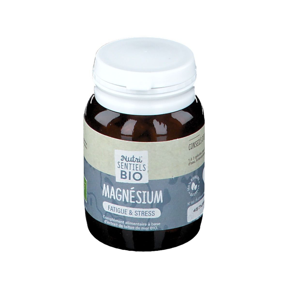 Flacon brun, bouchon blanc. Inscription: Nutri Sentiels BIO Magnésium, Fatigue & Stress. Avec label origine.