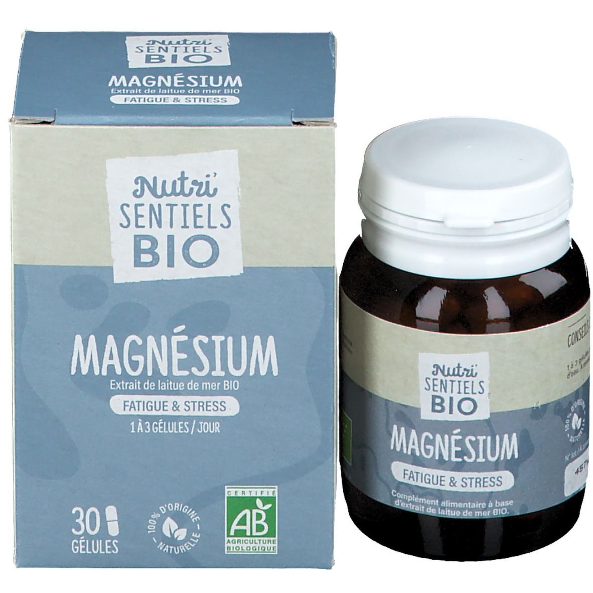Emballage produit avec flacon. Inscription: Nutri Sentiels BIO Magnésium, Fatigue & Stress. Avec label bio et 30 gélules.