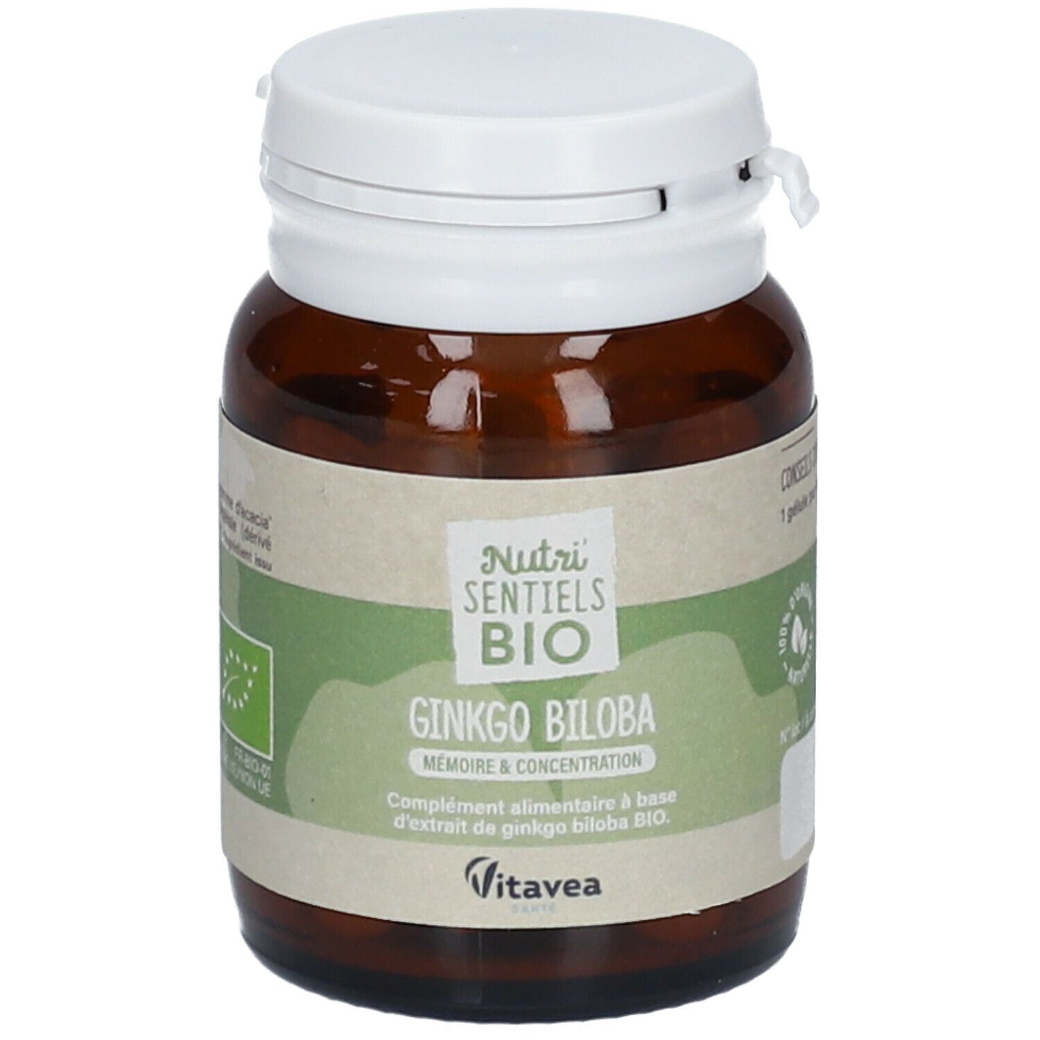 Flacon en verre brun, bouchon blanc. Étiquette : Nutri Sentiels BIO Ginkgo Biloba. Certification bio.
