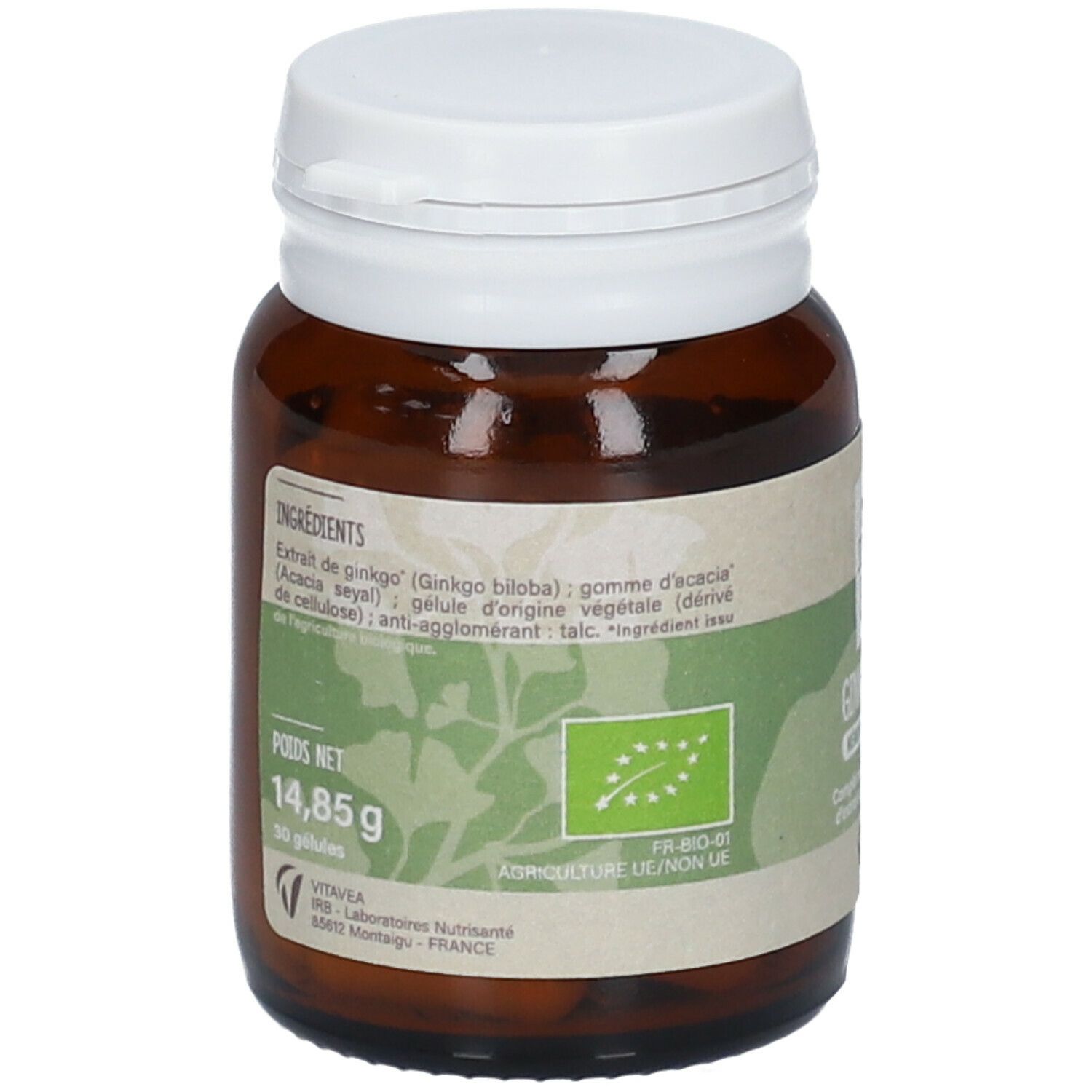Dos du flacon. Liste des ingrédients, poids net 14,85g, 30 gélules. Certification bio. Fabriqué en France.