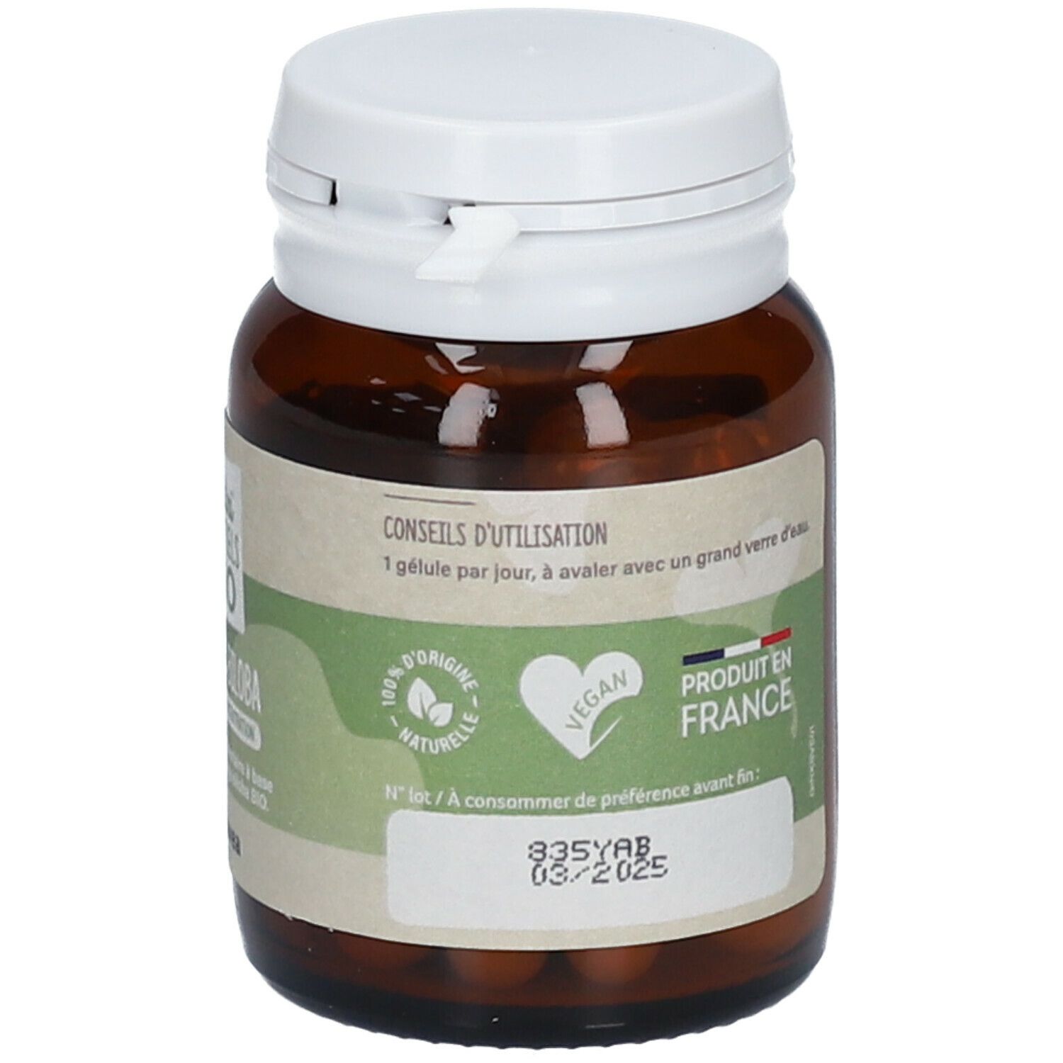 Flacon avec bouchon blanc. Étiquette avec conseils d'utilisation : 1 gélule par jour. Logo vegan. Fabriqué en France.