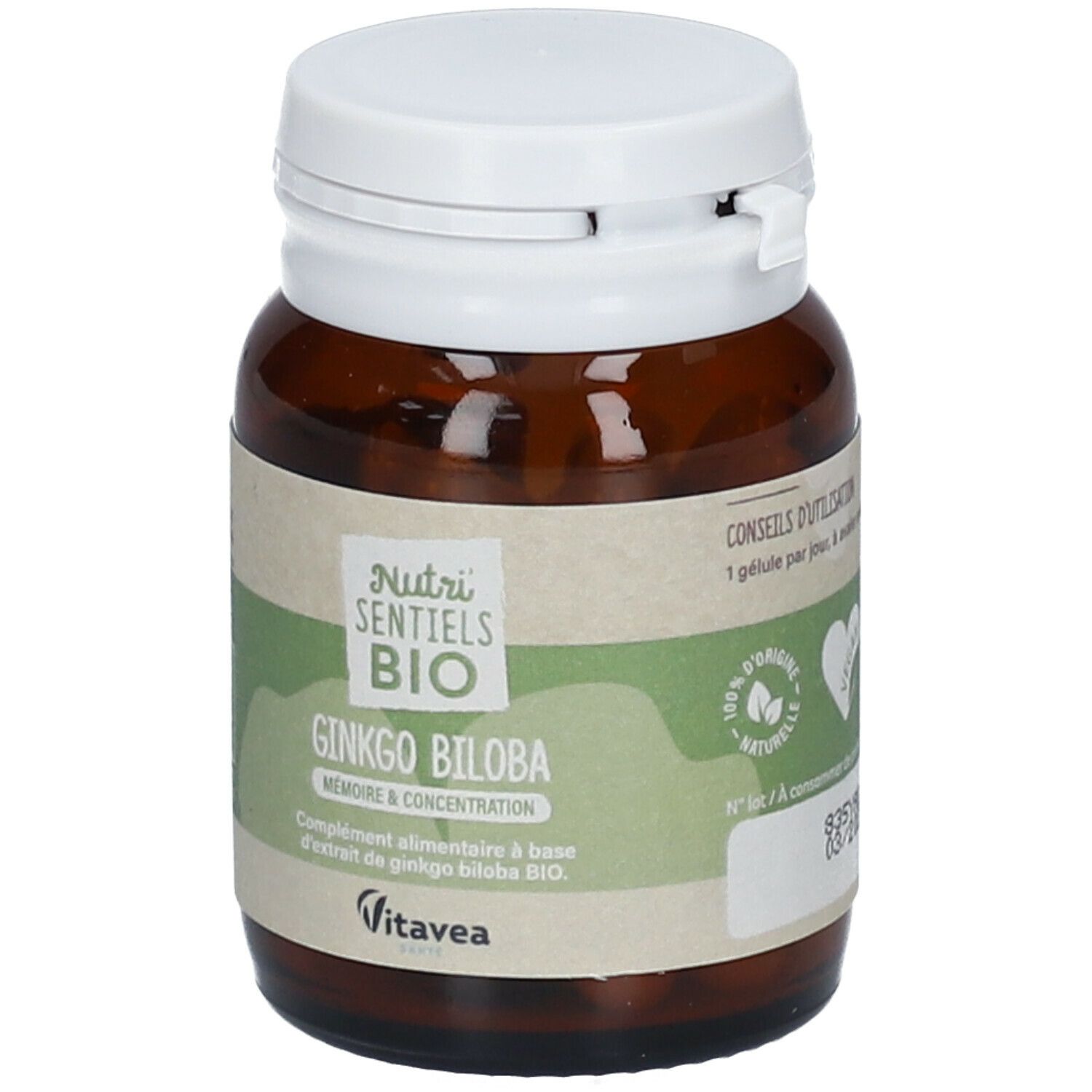 Flacon brun, bouchon blanc. Étiquette avec nom du produit : Nutri Sentiels BIO Ginkgo Biloba. Logo vegan.