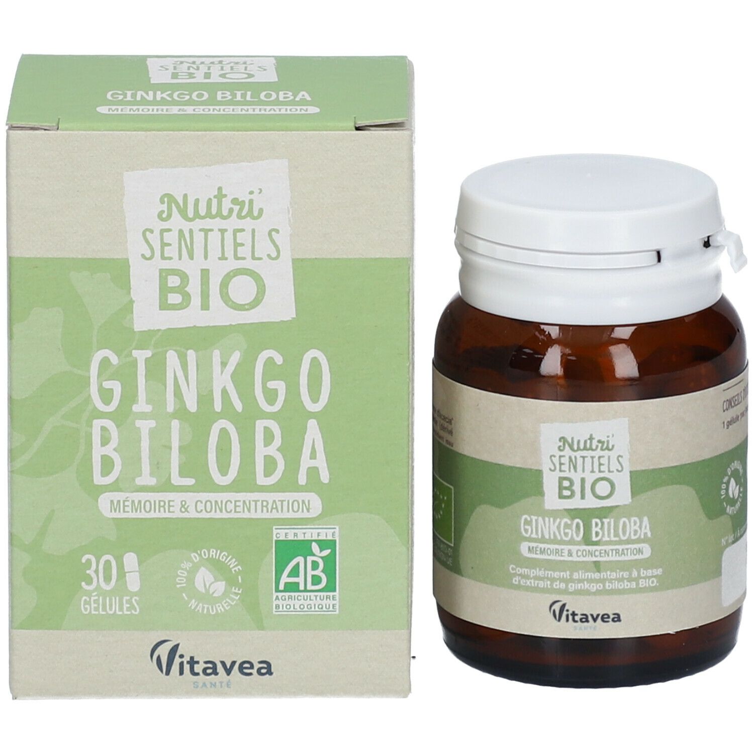 Emballage et flacon. Emballage : Nutri Sentiels BIO Ginkgo Biloba. Flacon : même étiquetage.