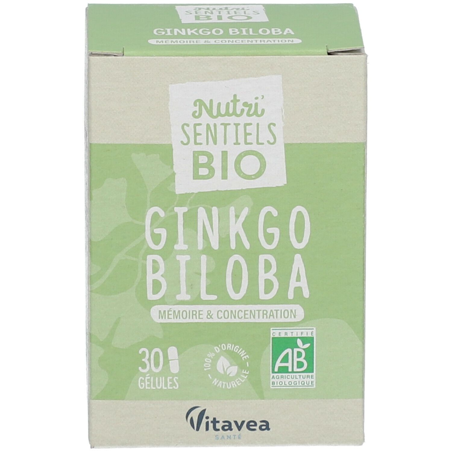 Emballage du produit. Inscription : Nutri Sentiels BIO Ginkgo Biloba. 30 gélules. Certification bio.