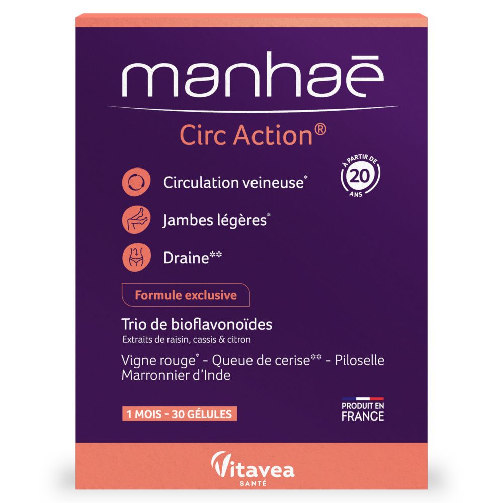 Boîte Manhaé Circ Action® 15+. Contient 30 gélules. Inscriptions : Circulation veineuse, Jambes légères, Draine. Fabriqué en France.