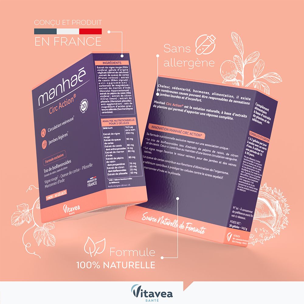 Boîtes Manhaé Circ Action® 15+. Inscriptions : Circulation veineuse, Jambes légères. 100% naturel. Fabriqué en France. Sans allergène.