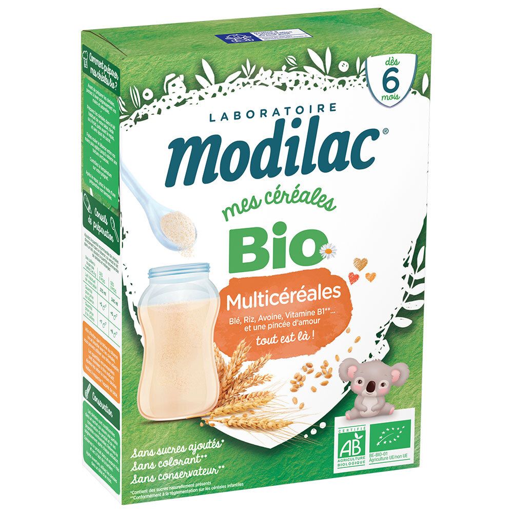 Boîte de céréales Modilac Bio. Contient blé, riz, avoine, vitamine B1. Certifications AB et Bio. Pour bébés dès 6 mois.