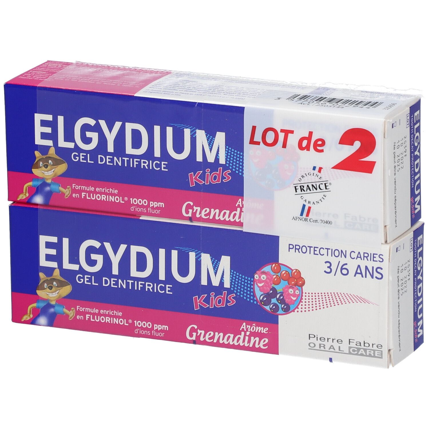 Deux boîtes de dentifrice. Emballage bleu et rose avec texte: ELGYDIUM Kids, Grenadine, 3/6 ans.