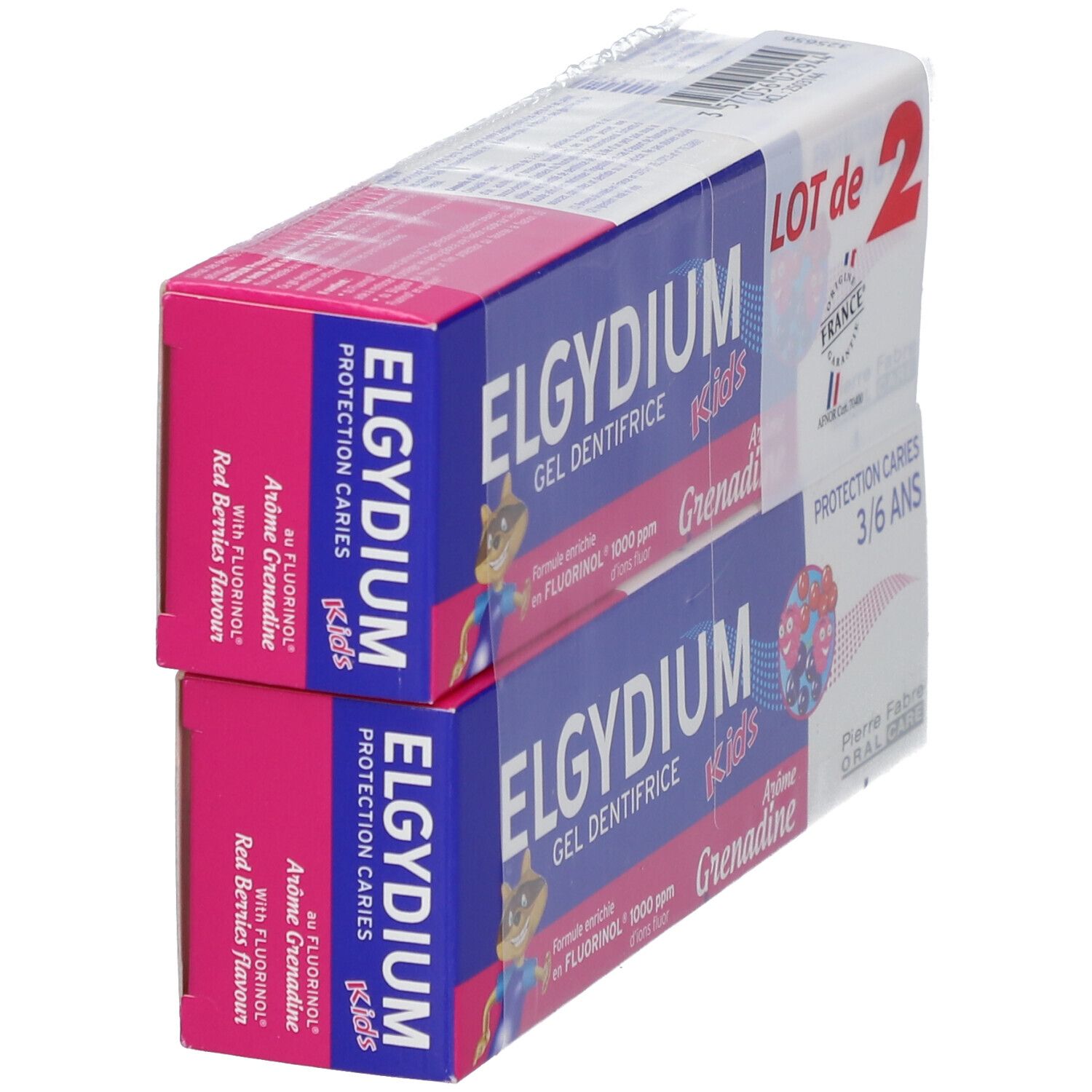 Deux boîtes de dentifrice. Emballage rose et bleu. Texte: ELGYDIUM Kids, Red Berries, 3/6 ans.