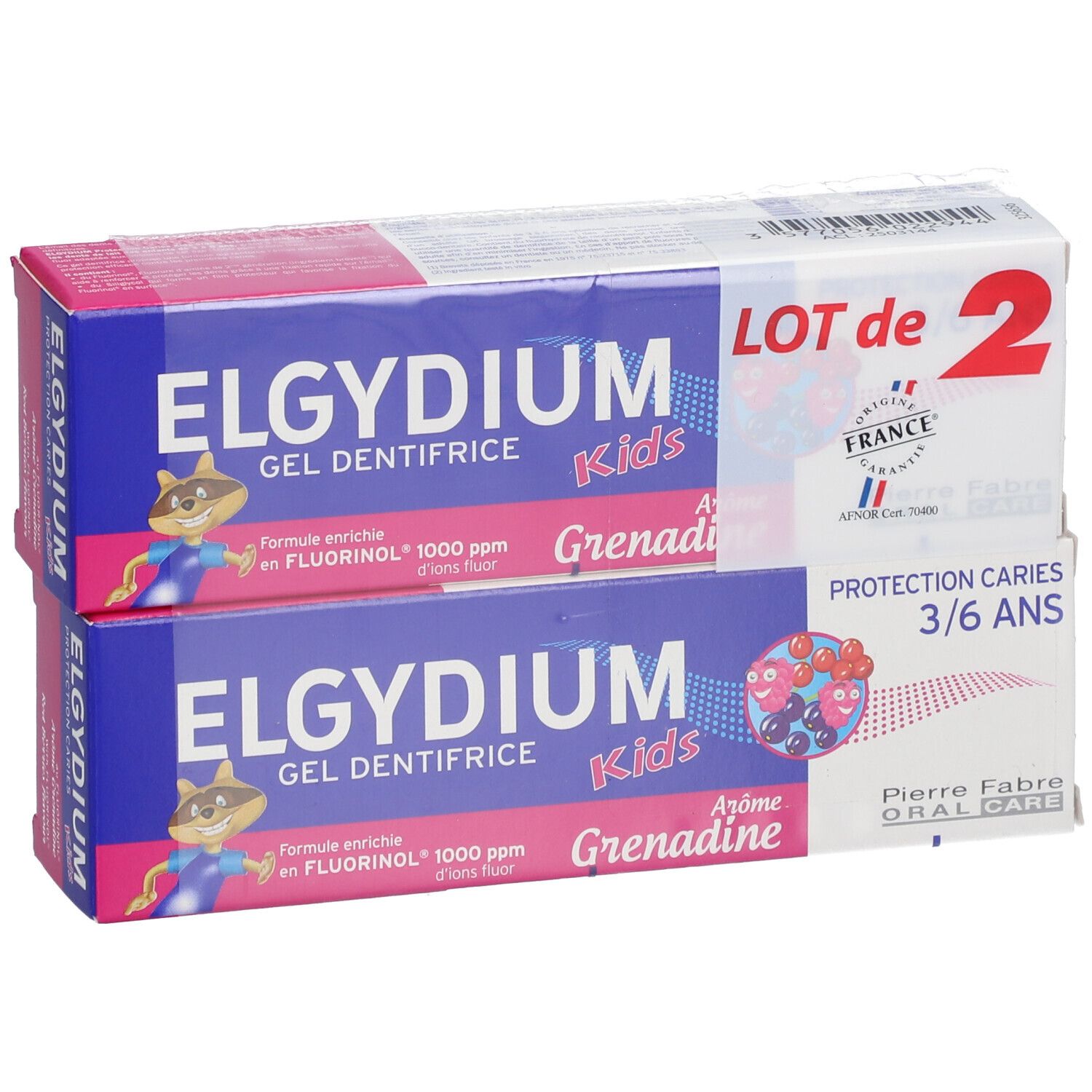 Deux boîtes de dentifrice. Emballage bleu et rose avec texte: ELGYDIUM Kids, Grenadine, 3/6 ans.