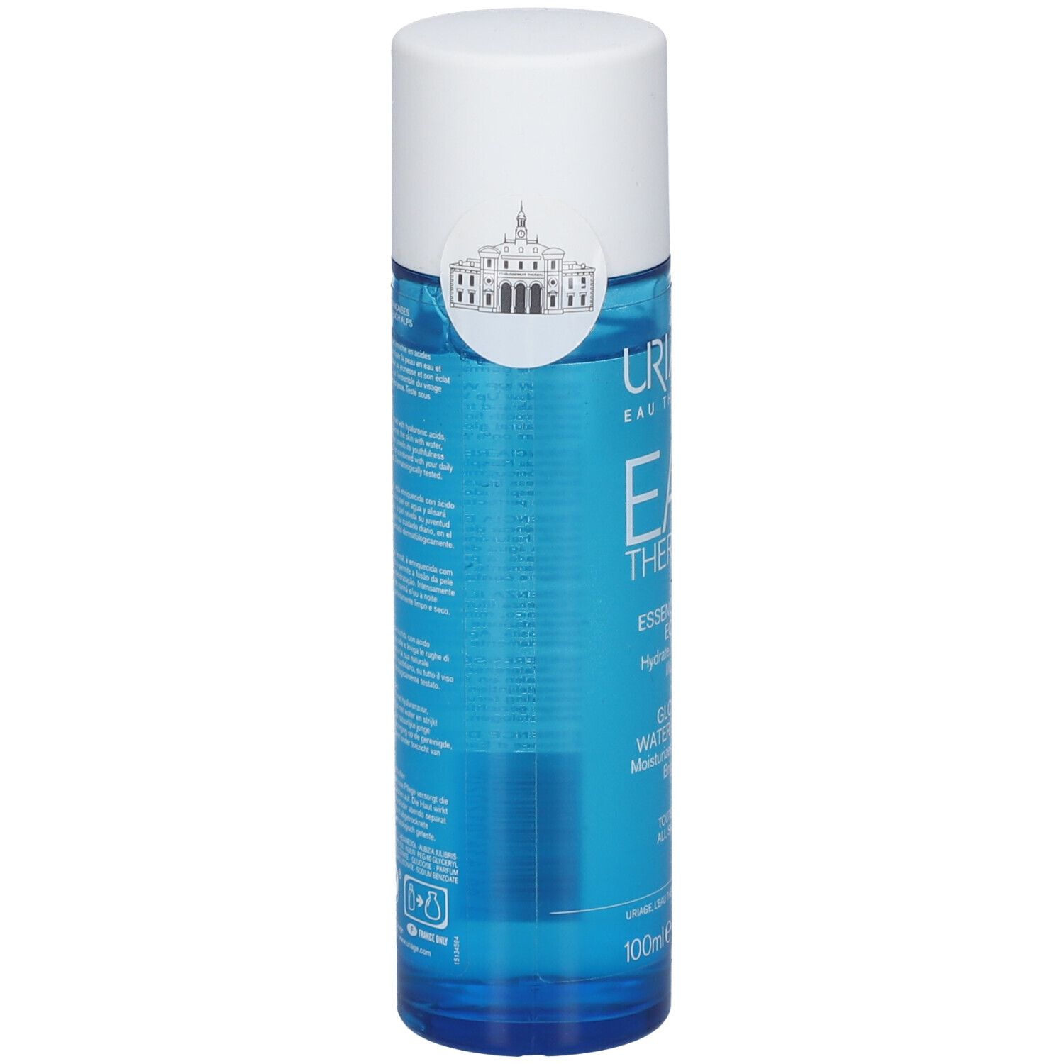 Flacon bleu avec bouchon blanc. Inscription: URIAGE Eau Thermale, Essence d'Eau Éclat. Contient 100ml.