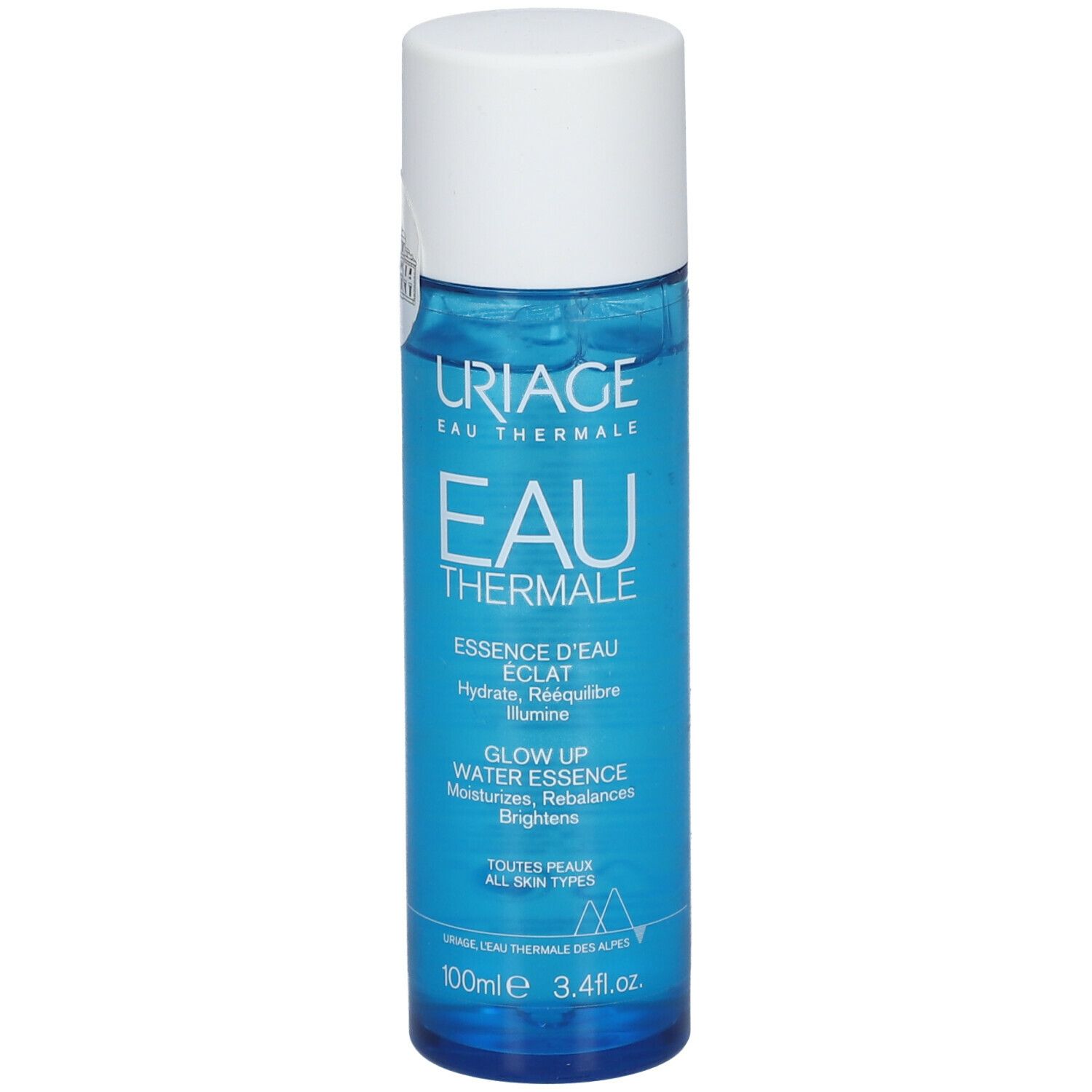 Flacon bleu avec bouchon blanc. Inscription: URIAGE Eau Thermale, Essence d'Eau Éclat. Contient 100ml.