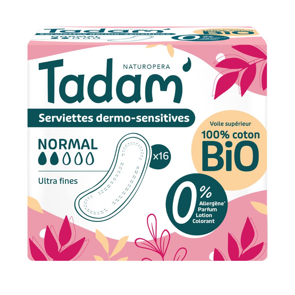 Serviettes Tadam Dermo-Sensitives Normal, 16 serviettes. Ultra fines, 100% coton bio.