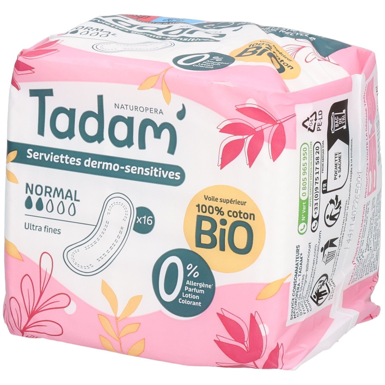 Serviettes Tadam Dermo-Sensitives Normal, 16 serviettes. Ultra fines, 100% coton bio.