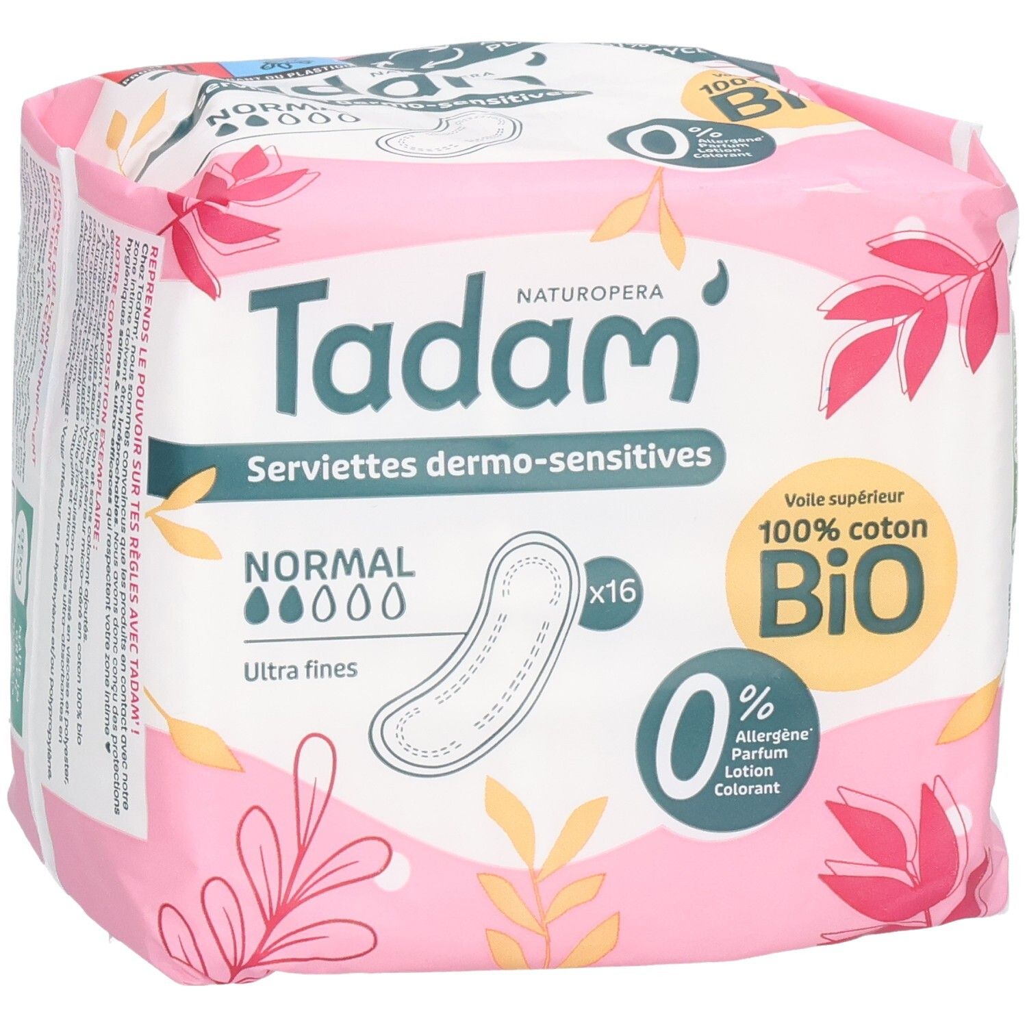 Serviettes Tadam Dermo-Sensitives Normal, 16 serviettes. Ultra fines, 100% coton bio.
