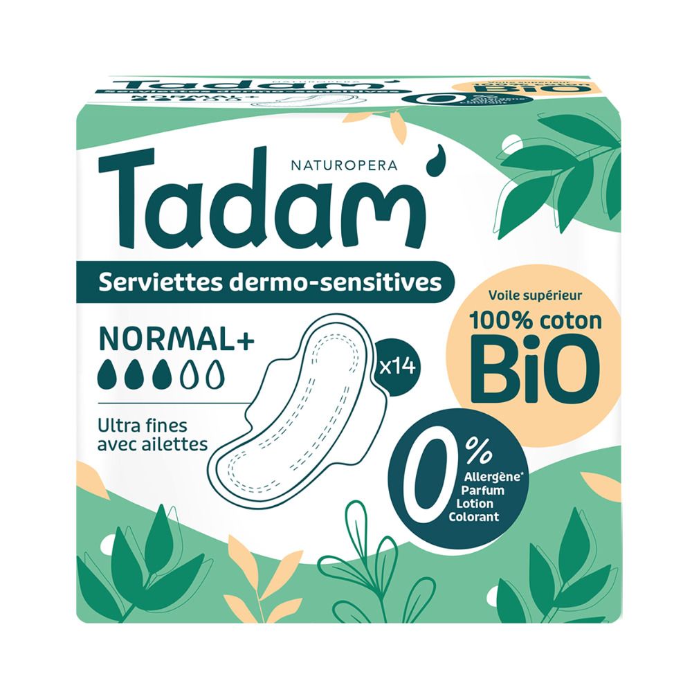 Tadam Serviettes Dermo-Sensitives Normal+, 14 serviettes. Voile supérieur 100% coton bio.
