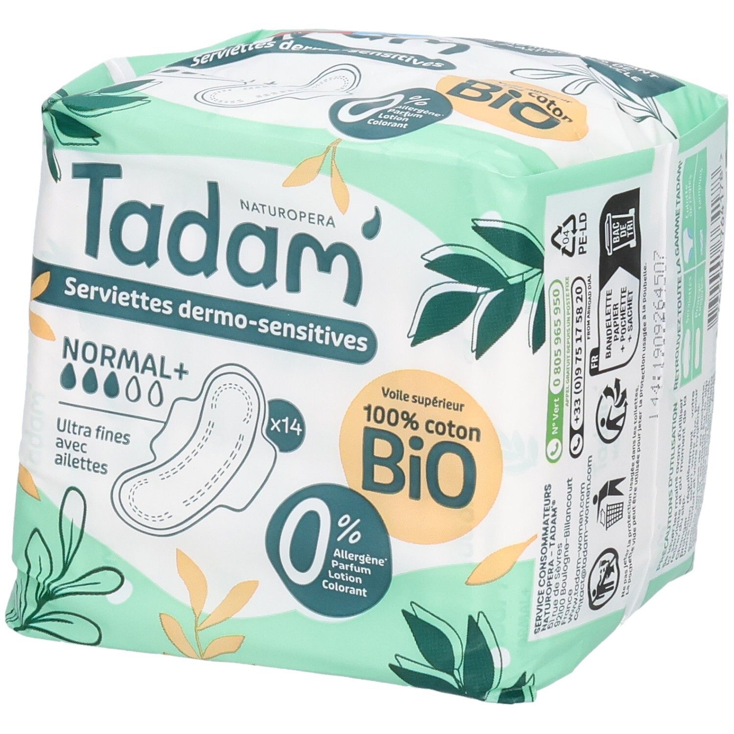 Tadam Serviettes Dermo-Sensitives Normal+, 14 serviettes. Voile supérieur 100% coton bio.