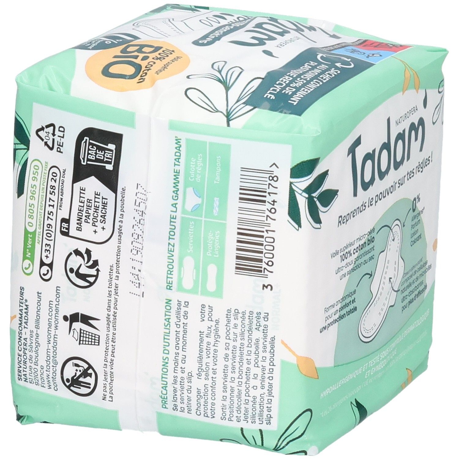 Tadam Serviettes Dermo-Sensitives Normal+, 14 serviettes. Voile supérieur 100% coton bio.