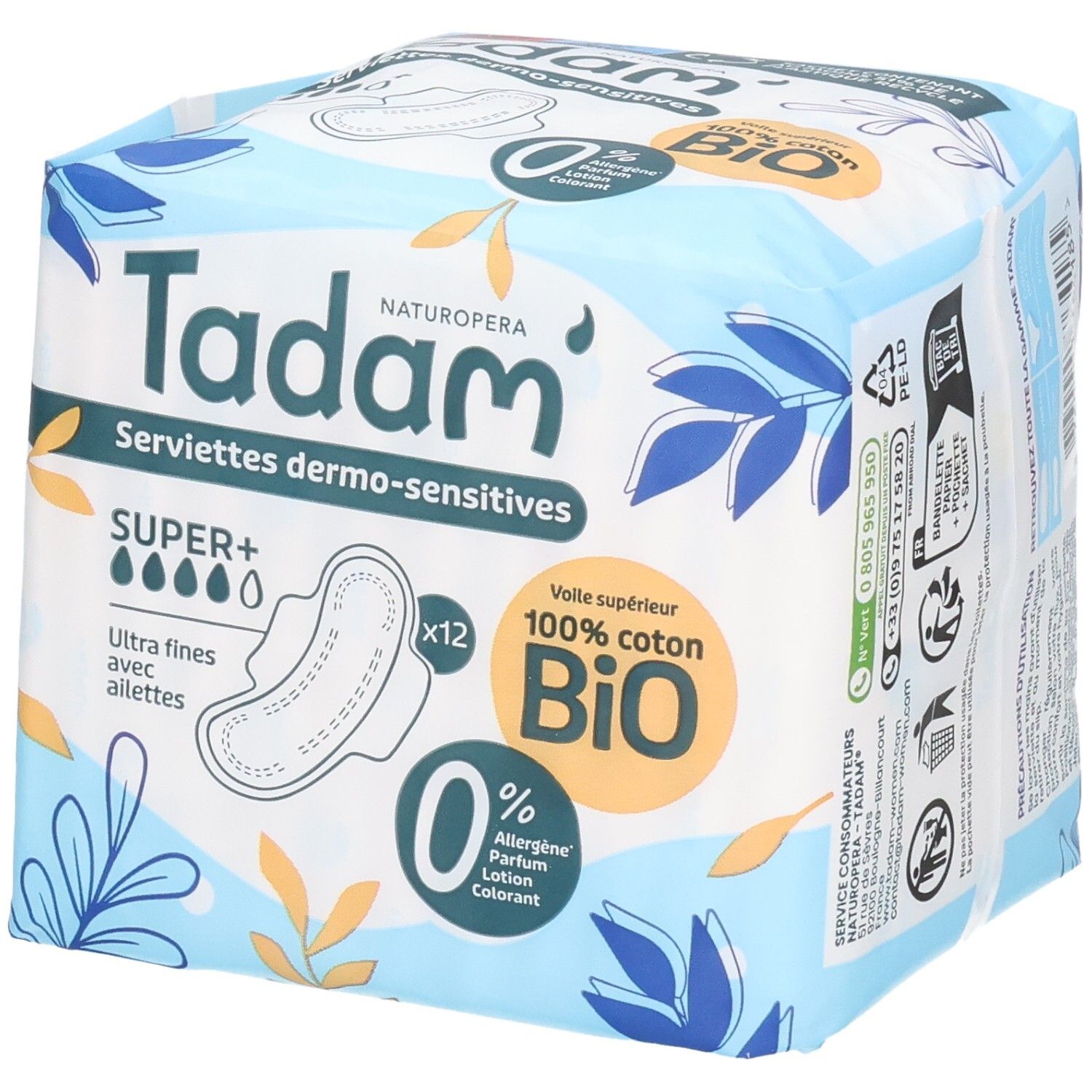 Pack Tadam Serviettes Dermo-Sensitives Super+, 12 serviettes ultra-fines avec ailettes, 100% coton Bio.