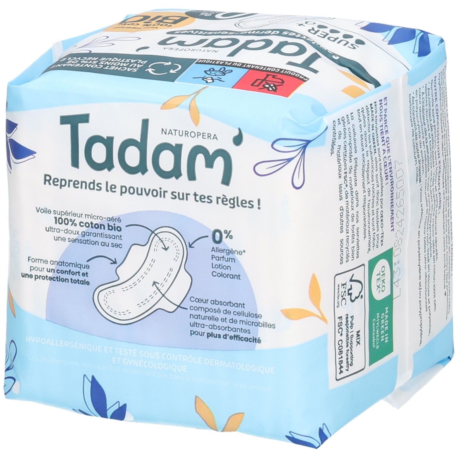 Pack Tadam Serviettes Dermo-Sensitives Super+, 12 serviettes ultra-fines avec ailettes, 100% coton Bio.