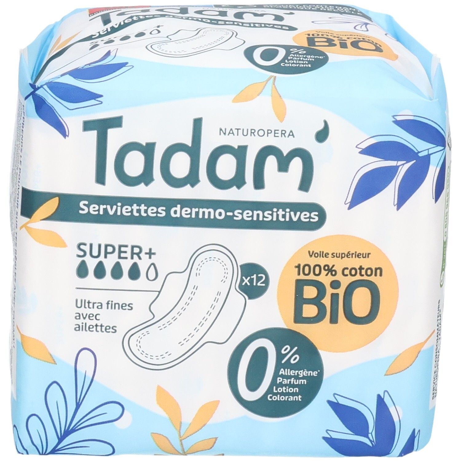 Pack Tadam Serviettes Dermo-Sensitives Super+, 12 serviettes ultra-fines avec ailettes, 100% coton Bio.