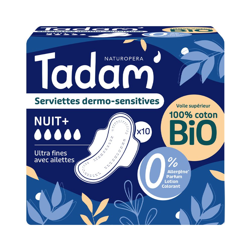 Tadam Serviettes Dermo-Sensitives Nuit+, paq. 10. Voile supérieur 100% coton bio.