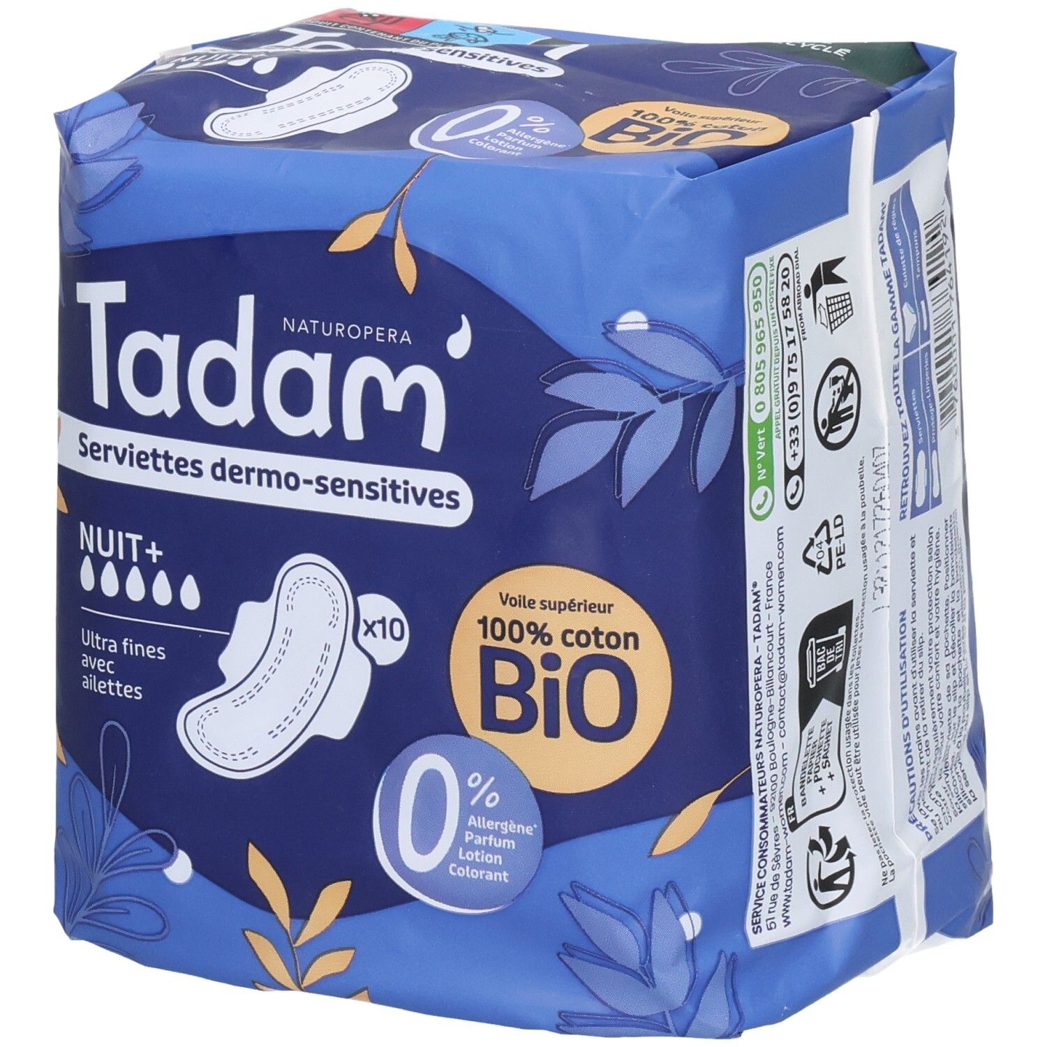 Tadam Serviettes Dermo-Sensitives Nuit+, paq. 10. Arrière du paquet avec informations produit.