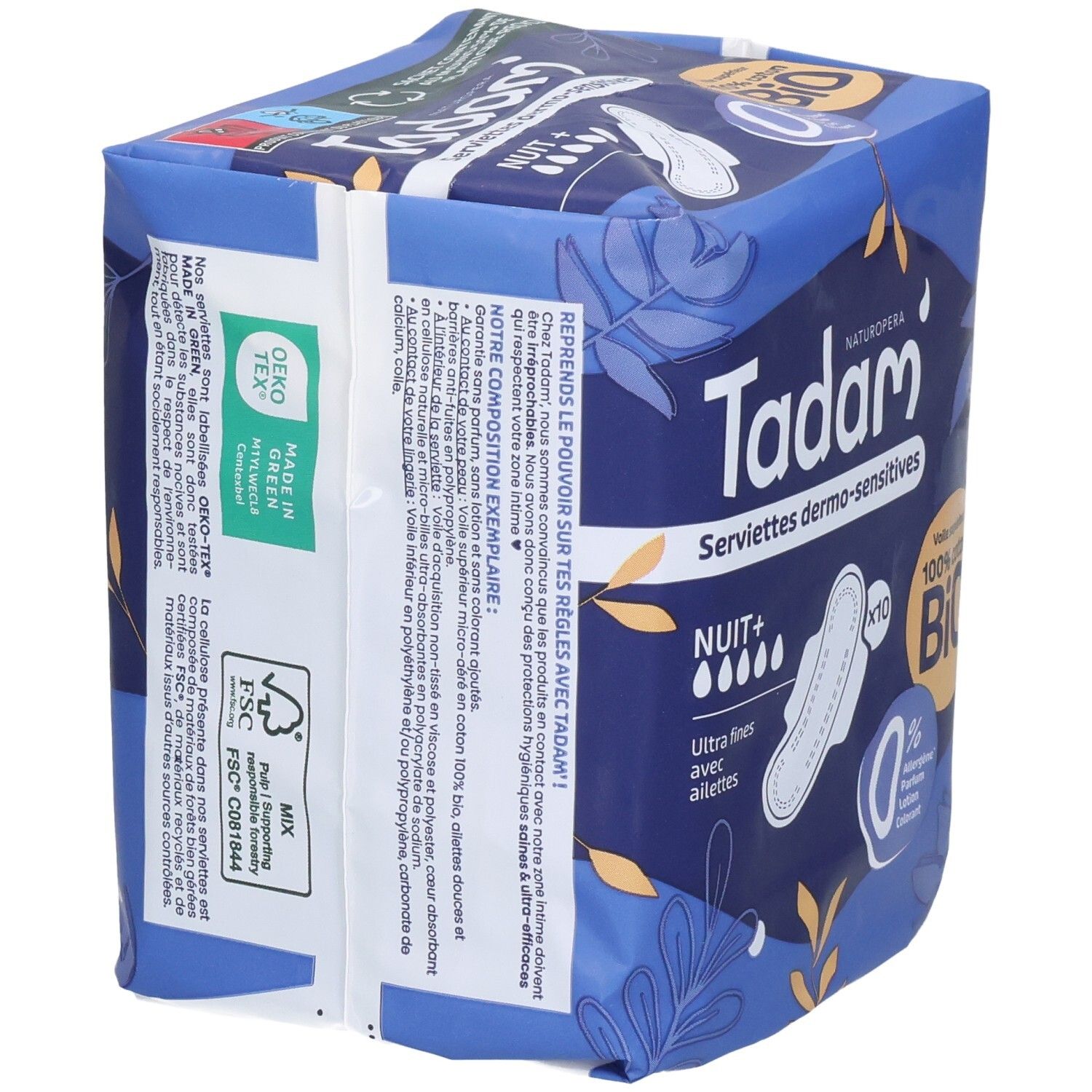 Tadam Serviettes Dermo-Sensitives Nuit+, paq. 10. Vue latérale avec certification OEKO-TEX.