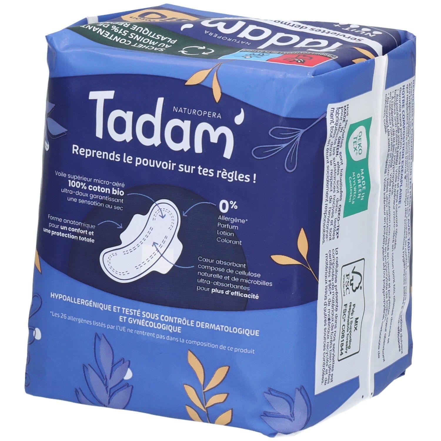 Tadam Serviettes Dermo-Sensitives Nuit+, paq. 10. Face avant avec caractéristiques produit.