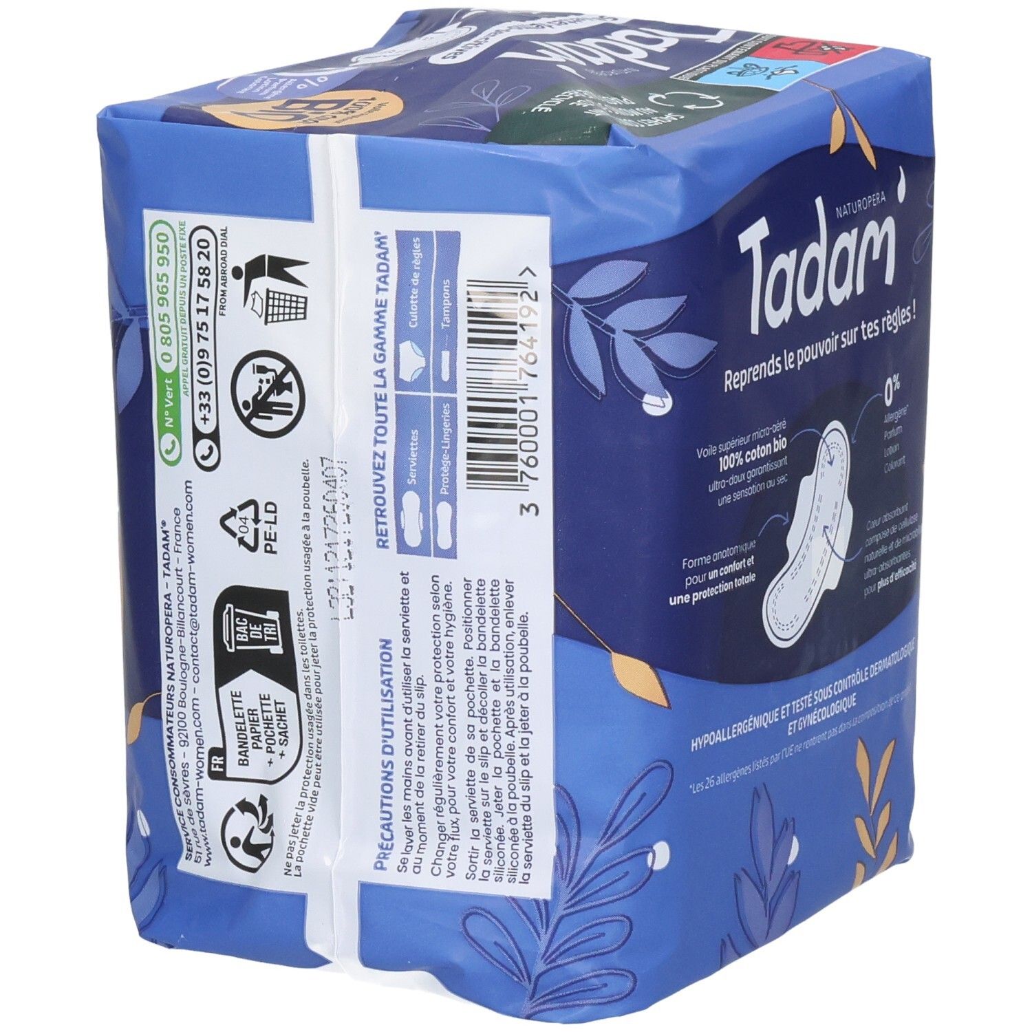 Tadam Serviettes Dermo-Sensitives Nuit+, paq. 10. Vue latérale avec instructions d'utilisation.