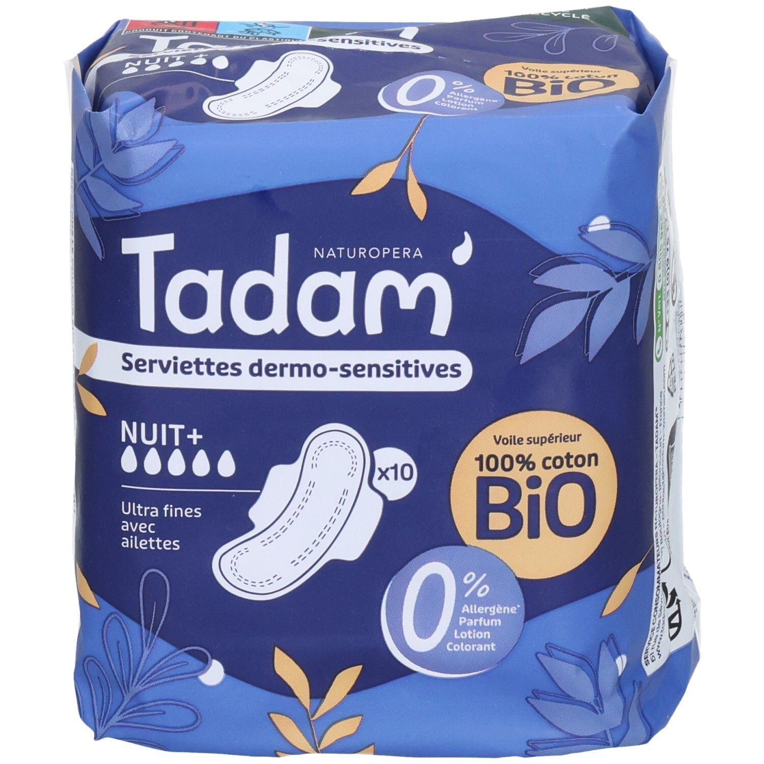 Tadam Serviettes Dermo-Sensitives Nuit+, paq. 10. Face avant avec caractéristiques produit.