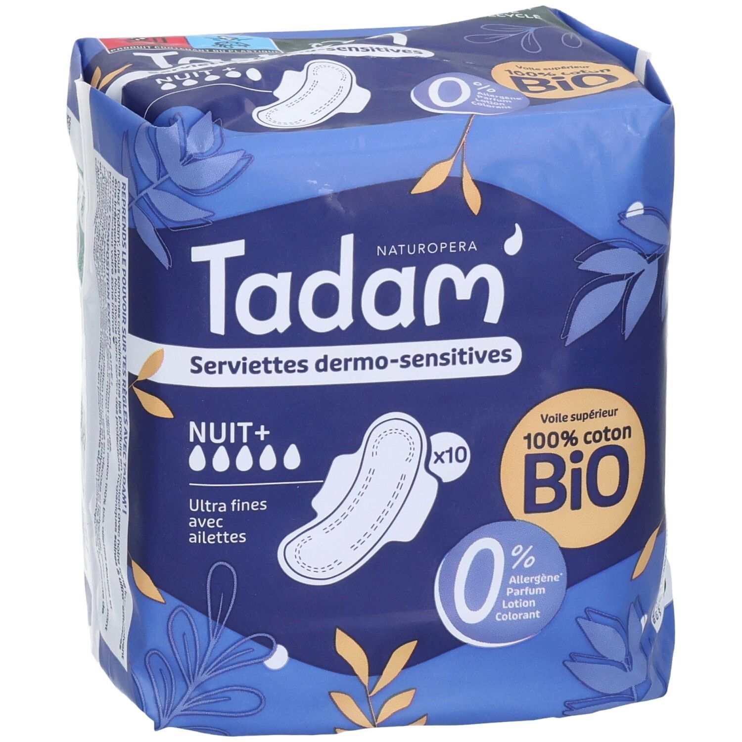 Tadam Serviettes Dermo-Sensitives Nuit+, paq. 10. Face avant avec caractéristiques produit.