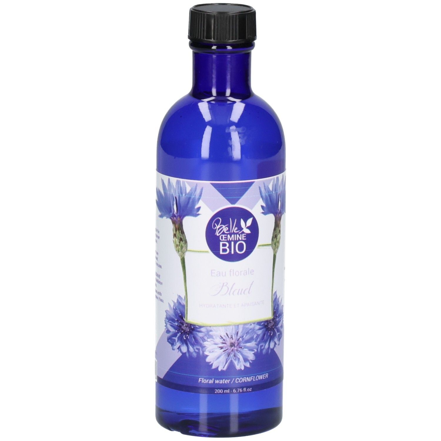 Bouteille en verre bleue avec bouchon noir, étiquette avec bleuets et "Belle &eminé BIO Eau Florale Bleuet".