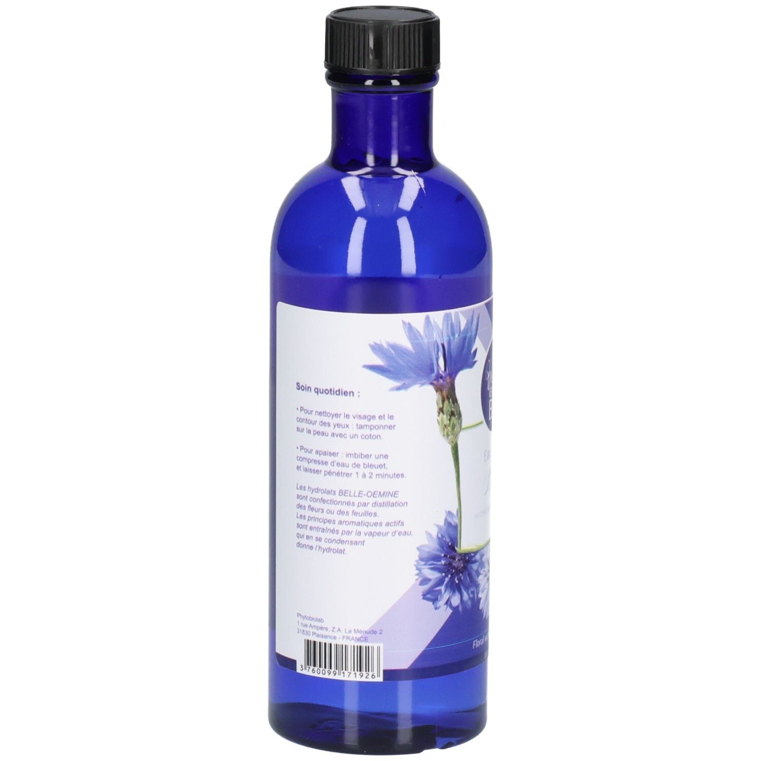 Arrière d'une bouteille bleue avec étiquette listant les instructions d'utilisation et la composition en français.