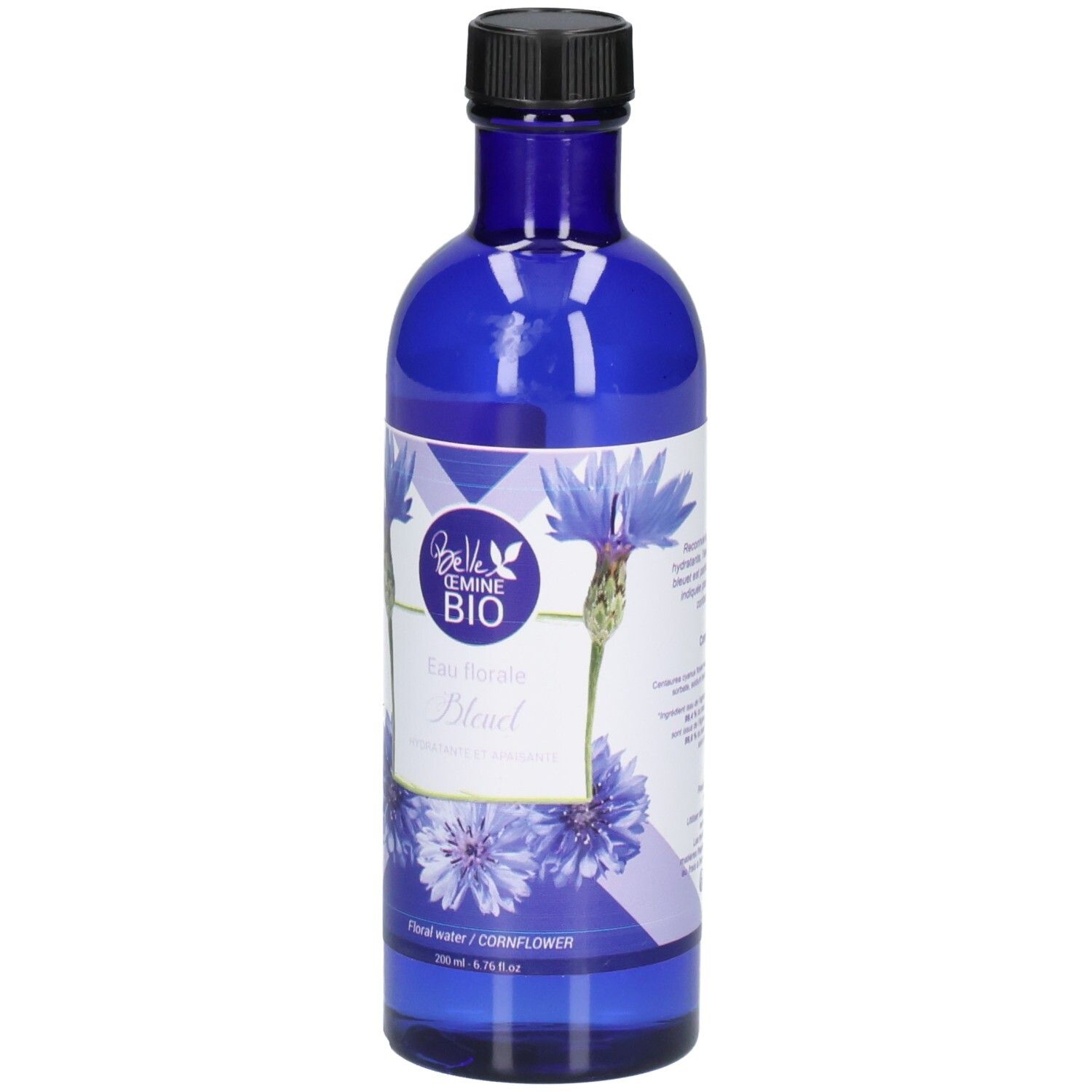 Bouteille en verre bleue avec bouchon noir, étiquette avec bleuets et "Belle &eminé BIO Eau Florale Bleuet".