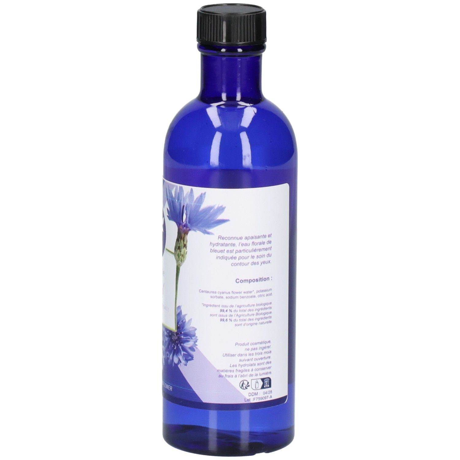 Arrière d'une bouteille bleue avec étiquette montrant les informations produit et la composition en français.