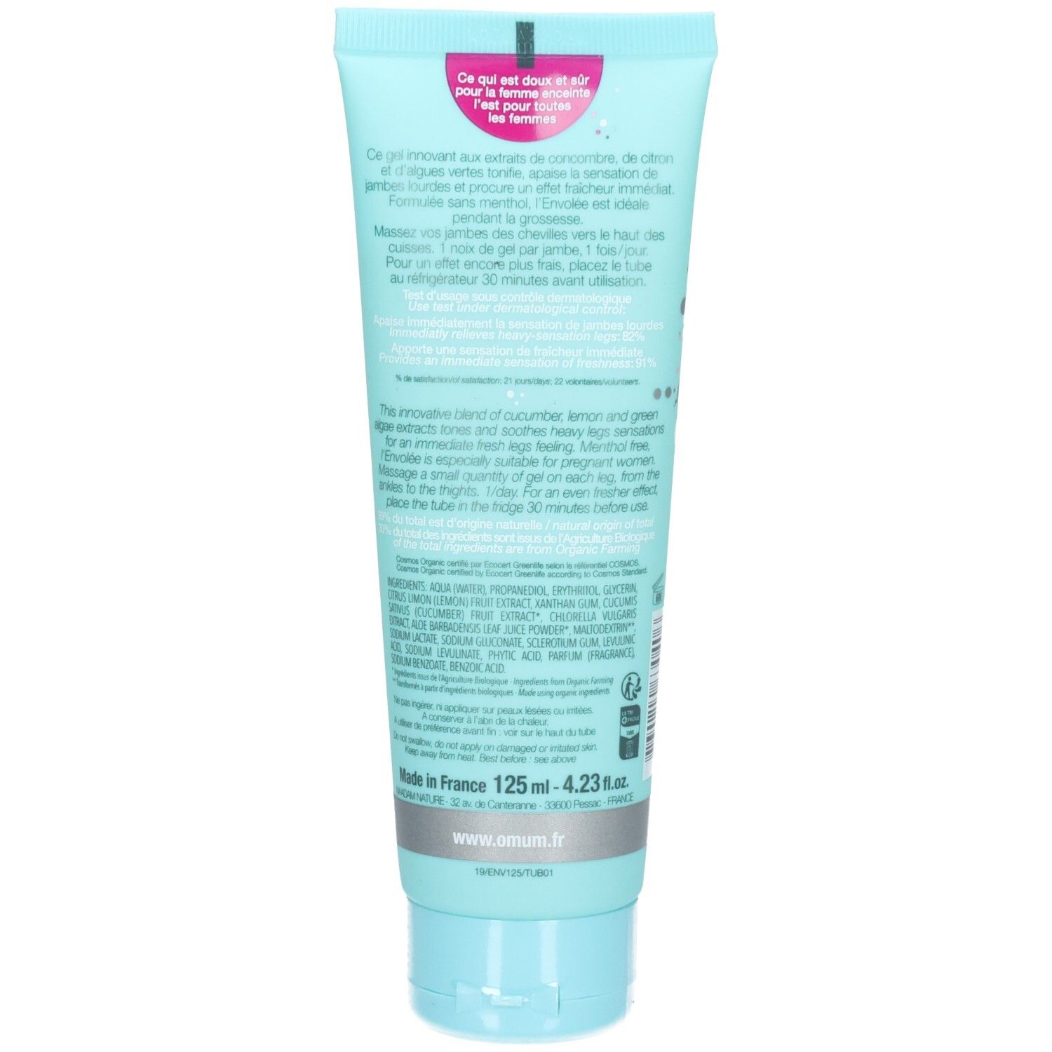 Arrière du tube de gel Omum L'Envolée avec informations produit.